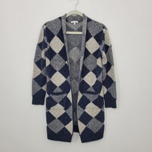 Long Diamond Print Open Front Grandpa Cardigan Sweater